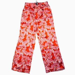 Sincerely Jules -184 Red Satin Tropical Floral Tie‎ Belt Pleated Pants Medium